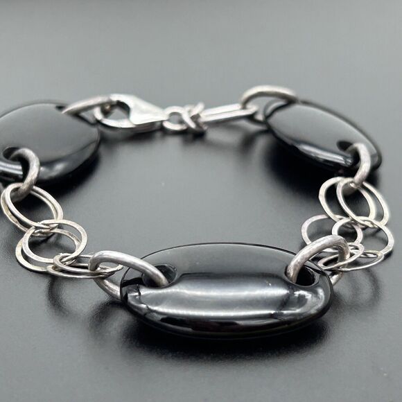Chateau D’Argent Sterling Silver Onyx Bracelet Chain Link 8” - Picture 2 of 8